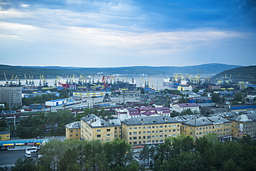 View over Murmansk at sunset, Murmansk, Russia, Europe