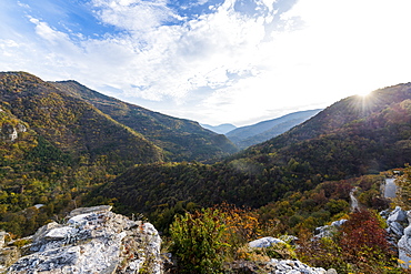 View in the Rhodope mountains from the Church of St. Mary of Petrich, Assen fortress, Asenovgrad, Bulgaria, Europe