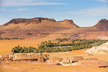 View over a salt water lake surrounded by the desert, Northern Chad, Africa