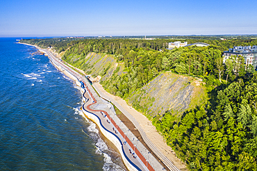 Aerial by drone of the coastline of Svetlogorsk, Kaliningrad, Russia, Europe