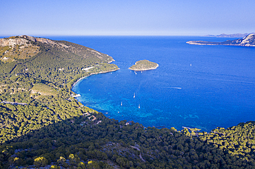 Aerial by drone of Cap Formentor Mallorca, Balearic Islands, Spain, Mediterranean, Europe