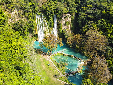 Aerial of the Minas Viejas waterfalls, Huasteca Potosi, San Luis Potosi, Mexico, North America