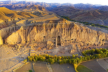 Aerial by drone of the site of the great Buddhas in Bamyan (Bamiyan), taken in 2019, post destruction, Afghanistan, Asia