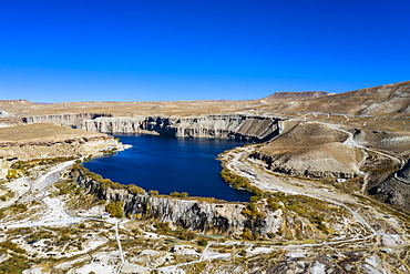 Aerial of the deep blue lakes of the Band-E-Amir National Park, Afghanistan, Asia