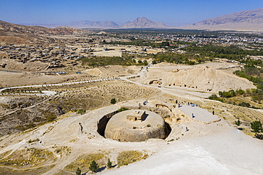 Aerial of the Takht-e Rostam stupa monastery complex, Afghanistan, Asia