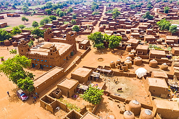 Aerial by drone of the central Mosque in the Hausa village of Yaama, Niger, West Africa, Africa