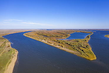 Aerial by drone of the Volga River, Astrakhan Oblast, Russia, Eurasia