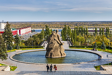 Huge pool with a giant statute on Mamayev Kurgan, Volgograd, Volgograd Oblast, Russia, Eurasia