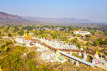 Aerial view by drone of pagodas, Inle Lake, Shan state, Myanmar (Burma), Asia