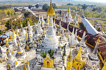 Aerial view by drone of pagodas, Inle Lake, Shan state, Myanmar (Burma), Asia