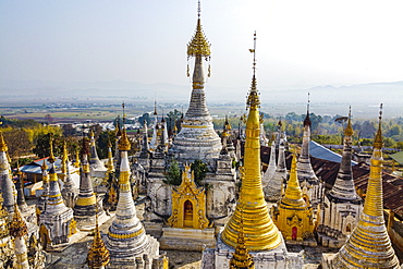 View by drone of pagodas, Inle Lake, Shan state, Myanmar (Burma), Asia