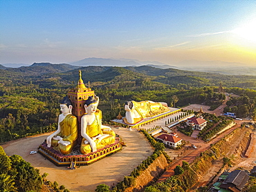 Aerial by drone of the huge sitting and reclining Buddhas, Ko Yin Lay, Pupawadoy Monastery near Ye, Mon state, Myanmar (Burma), Asia