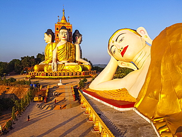 Aerial of the huge sitting and reclining Buddhas, Ko Yin Lay, Pupawadoy Monastery near Ye, Mon state, Myanmar (Burma), Asia