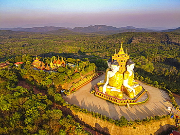 Aerial by drone of the huge sitting Buddhas, Ko Yin Lay, Pupawadoy Monastery near Ye, Mon state, Myanmar (Burma), Asia