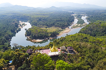 Aerial by drone of the Shwemawdaw Paya and the Ye River, Kyaing Ywar near Ye, Mon state, Myanmar (Burma), Asia