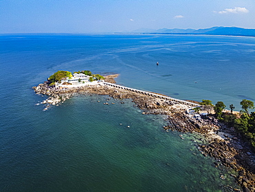 Aerial by drone of the Myaw Yit Pagoda in the ocean near Dawei, Mon state, Myanmar (Burma), Asia