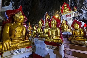 Gilded Buddha images in the caves at Pindaya, Shan state, Myanmar (Burma), Asia