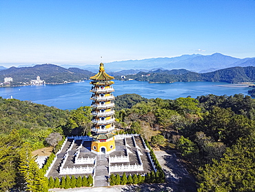 Aerial by drone over the Ci'en Pagoda and Sun Moon Lake, National Scenic Area, Nantou county, Taiwan, Asia