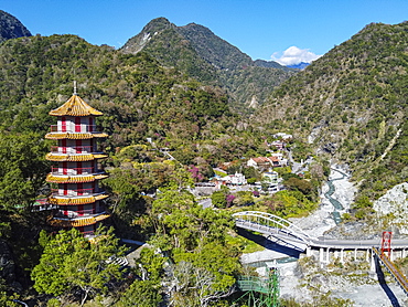 Aerial of Tianfeng Pagoda and Tianxiang recreational area, Taroko National Park, Hualien county, Taiwan, Asia