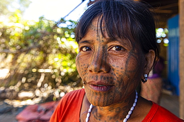 Chin woman with spiderweb tattoo, Mindat, Chin state, Myanmar (Burma), Asia