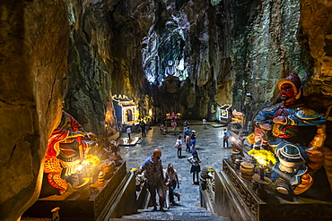 Soldier statues in front of the entrance to a cave in the Marble Mountains, Da Nang, Vietnam, Indochina, Southeast Asia, Asia