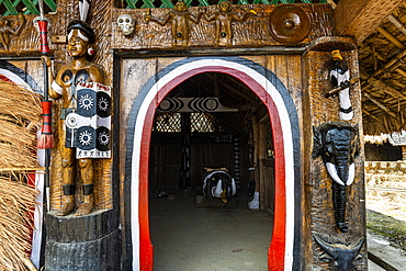 Traditional artist woodwork in the Naga heritage village of Kisama, Nagaland, India, Asia