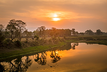 Sunset over the Brahmaputra River, Kaziranga National Park, UNESCO World Heritage Site, Assam, India, Asia