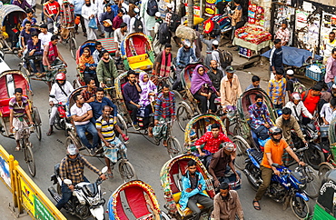 Overcrowded completely with rickshaws, a street in the center of Dhaka, Bangladesh, Asia