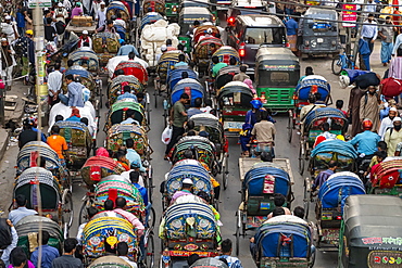 Overcrowded completely with rickshaws, a street in the center of Dhaka, Bangladesh, Asia