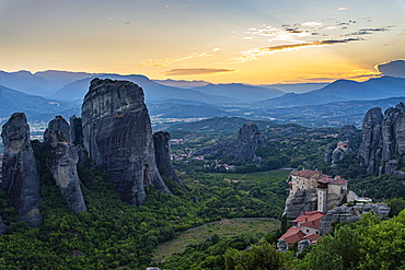 Holy Monastery of St. Nicholas Anapafsas at sunset, UNESCO World Heritage Site, Meteora Monasteries, Greece, Europe