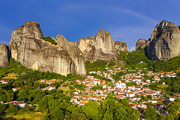 Aerial by drone of the village of Kastraki in the huge rocks of the UNESCO World Heritage Site, Meteora Monasteries, Greece, Europe