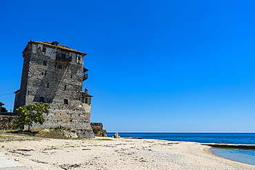 The tower of Prosphorion, Ouranopoli, Mount Athos, Central Macedonia, Greece, Europe