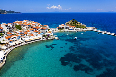 Aerial by drone of Kokkari and its pebble beach, Samos, Greek Islands, Greece, Europe