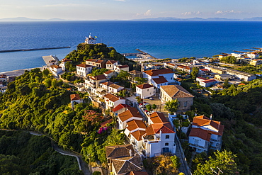 Aerial by drone of Agia Triada church, Paleo Karlovasi, Samos, Greek Islands, Greece, Europe