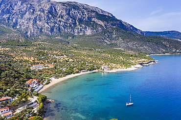 Aerial of Limnionas beach, Samos, Greek Islands, Greece, Europe