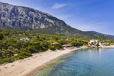 Aerial of Limnionas beach, Samos, Greek Islands, Greece, Europe