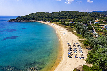 Aerial by drone of Destenika beach, Sithonia, Greece, Europe