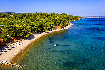 Aerial by drone of Metamorfosi Beach, Sithonia, Chalkidiki, Greece, Europe