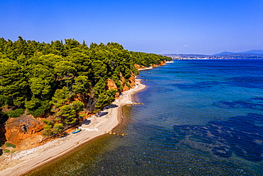 Aerial by drone of Metamorfosi Beach, Sithonia, Chalkidiki, Greece, Europe