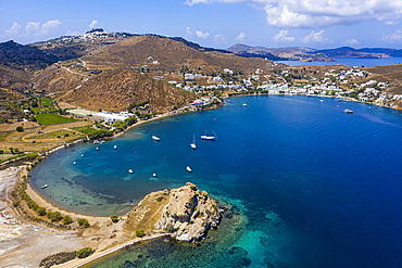 Aerial by drone of the bay of Grikos, Patmos, Dodecanese, Greek Islands, Greece, Europe