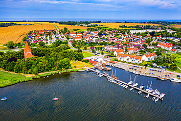 Aerial of Kirchdorf, Church village with its harbour on Poel Island, Baltic Sea, Germany, Europe