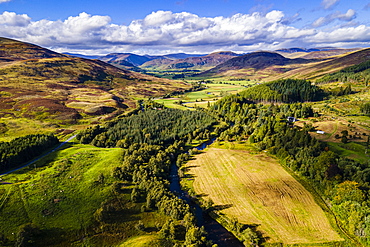 Aerial of the beautiful scenery around Dalnaglar Castle, Glenshee, Perthshire, Scotland, United Kingdom, Europe