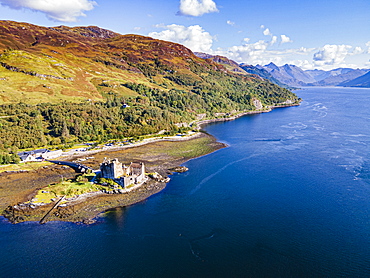 Aerial of the Eilean Donan Castle, Highlands, Scotland, United Kingdom, Europe