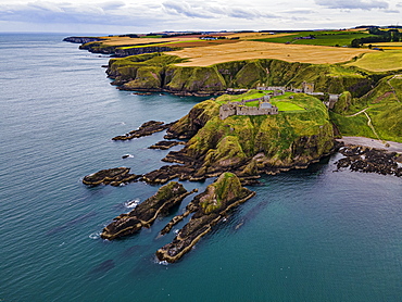 Aerial of Dunnottar Castle, Stonehaven, Aberdeenshire, Scotland, United Kingdom, Europe