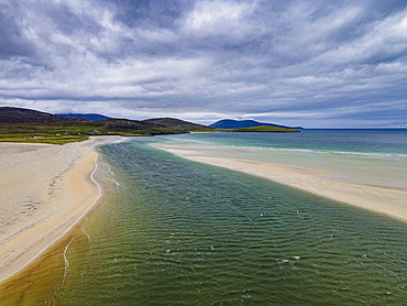 Aerial of Luskentyre Beach, Isle of Harris, Outer Hebrides, Scotland, United Kingdom, Europe