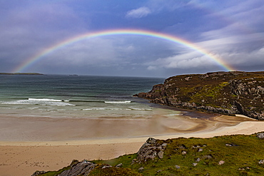 Rainbow over a beach along the N500 (NC500) (North Coast 500), Scotland, United Kingdom, Europe