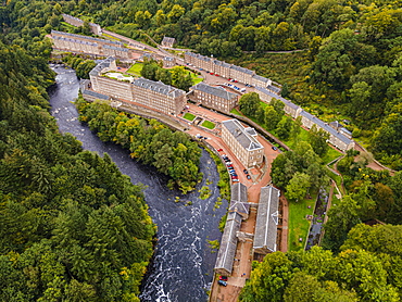 Aerial of the industrial town of New Lanark, UNESCO World Heritage Site, Scotland, United Kingdom, Europe