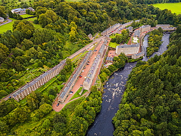 Aerial of the industrial town of New Lanark, UNESCO World Heritage Site, Scotland, United Kingdom, Europe