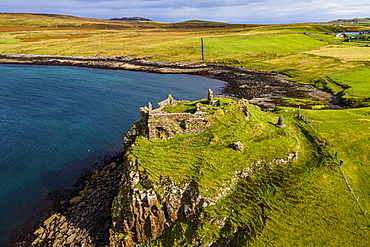 Aerial of Duntulm Castle, Isle of Skye, Inner Hebrides, Scotland, United Kingdom, Europe