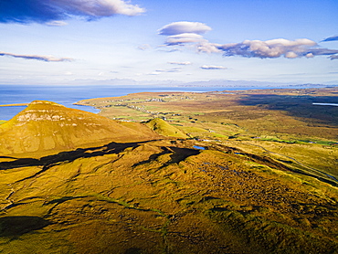 Aerial of the rugged mountain landscape of the Quiraing, Isle of Skye, Inner Hebrides, Scotland, United Kingdom, Europe